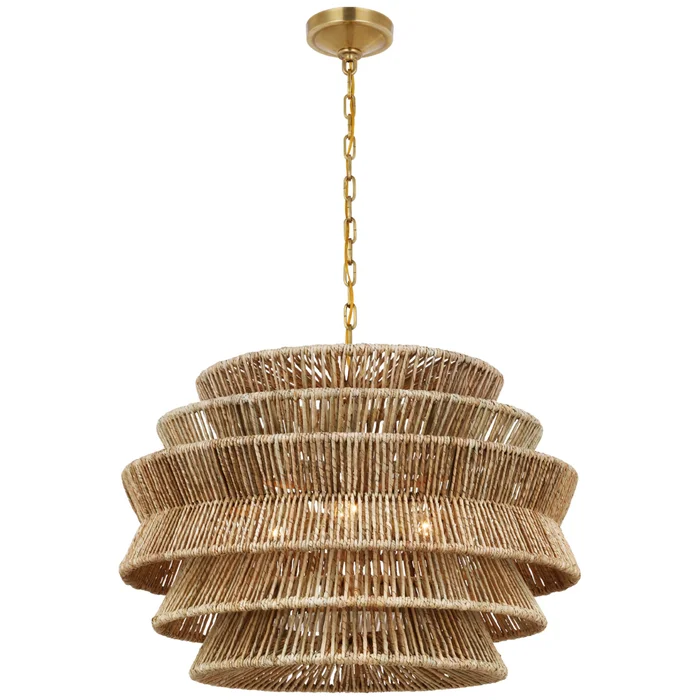 Chapman & Myers Antigua Medium Drum Chandelier in Antique-Burnished Brass and Natural Abaca Ceiling Light W30″ x H21.5″