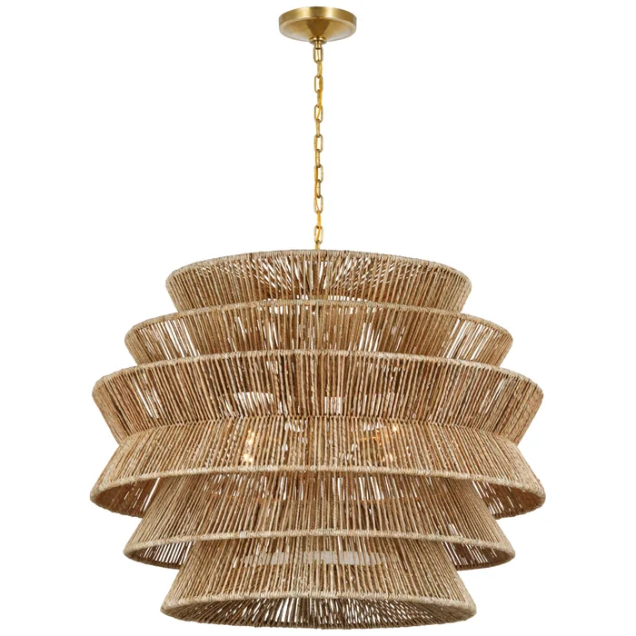 Chapman & Myers Antigua XL Drum Chandelier in Antique-Burnished Brass and Natural Abaca Ceiling Light W42″ x H34″