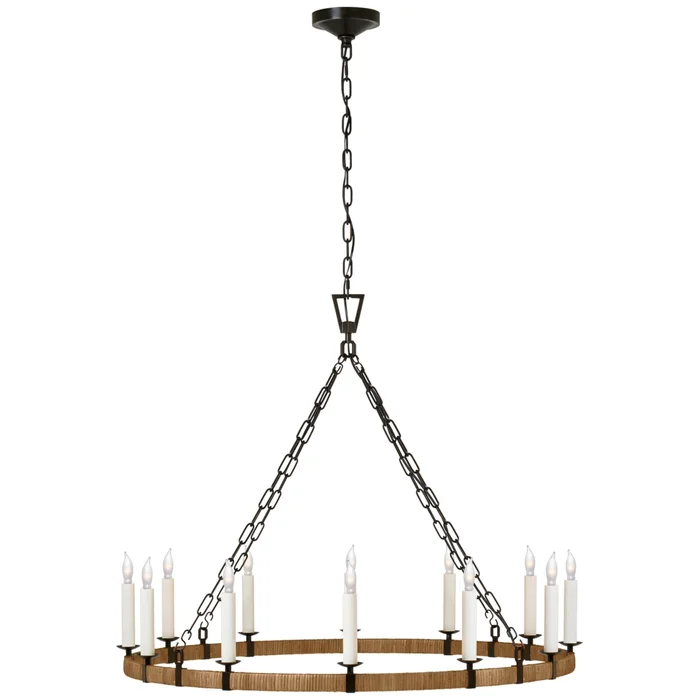 Chapman & Myers Darlana Large Wrapped Ring Chandelier in Aged Iron and Natural Rattan Ceiling Light W40″ x H32″