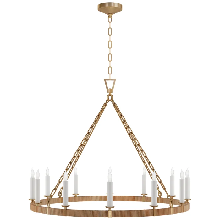 Chapman & Myers Darlana Large Wrapped Ring Chandelier in Antique-Burnished Brass and Natural Rattan Ceiling Light W40″ x H32″