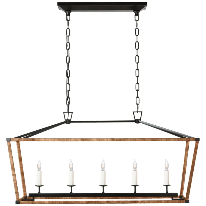Chapman & Myers Darlana Medium Rattan Wrapped Linear Lantern in Aged Iron and Natural Rattan Ceiling Light W41″ X 13″ x H20″
