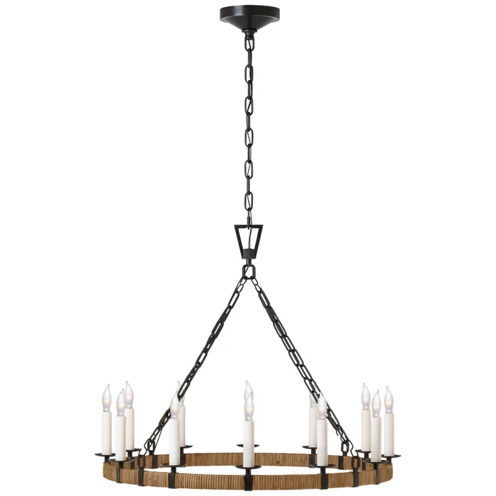 Chapman & Myers Darlana Medium Wrapped Ring Chandelier in Aged Iron and Natural Rattan Ceiling Light W30″ x H24.5″