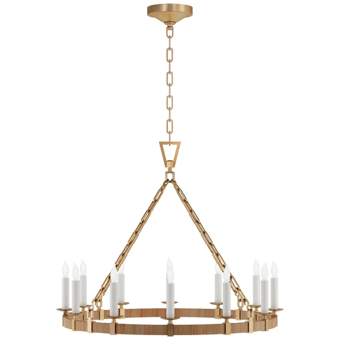 Chapman & Myers Darlana Medium Wrapped Ring Chandelier in Antique-Burnished Brass and Natural Rattan Ceiling Light W30″ x H24.5″