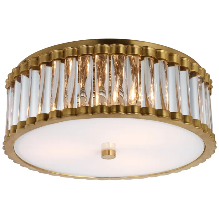 Chapman & Myers Kean 14″ Flush Mount in Hand-Rubbed Antique Brass with Clear Glass Rods and Frosted Glass Diffuser Ceiling Light W14.25″ x H5.5″
