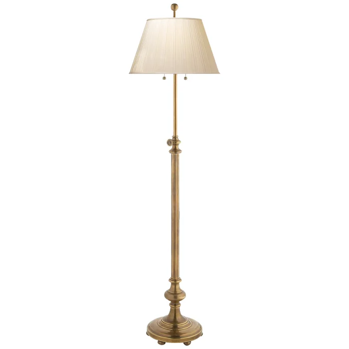 Chapman & Myers Overseas Adjustable Club Floor Lamp in Antique-Burnished Brass with Silk Pleated Shade W15″ x H47″ – 64.5″