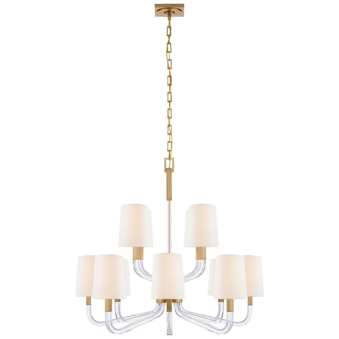 Chapman & Myers Reagan Medium Two Tier Chandelier in Antique-Burnished Brass and Crystal with Linen Shades Ceiling Light W37″ x H29.75″