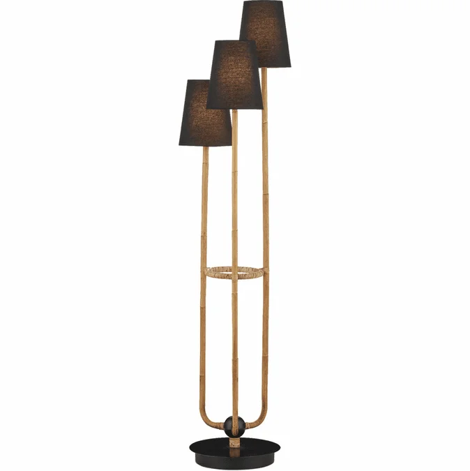 Currey & Company 8000-0159 Triptych Natural Rattan / Satin Black Light Floor Lamp