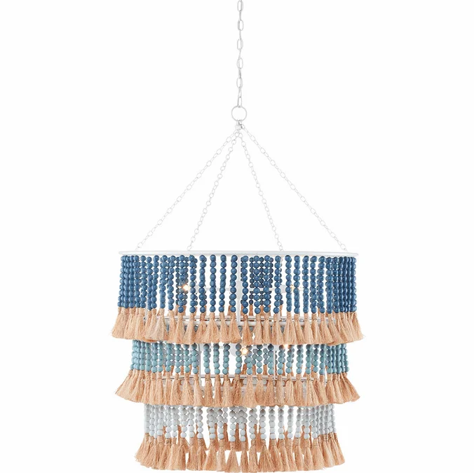 Currey & Company 9000-0830 St. Barts Contemporary Sugar White, Mist Blue, Demin Blue and Natural Rope 33″ Pendant Lamp