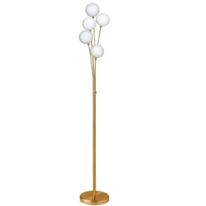 Dainolite Budding Branch 5 Light Floor Lamp Aged Brass Finish White Glass|Lampe pied BuddingBranch de Dainolite en verre blanc, avec fini laiton vieilli et 5ampoules
