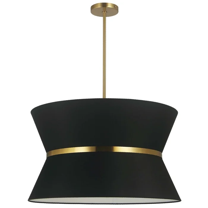 Dainolite Caterine 4 Light Pendant 24 Dia Aged Brass Finish Gold Ring/Black Shade Lamp|Luminaire suspendu Caterine de Dainolite de 24po de diamtre, avec abat-jour noir, anneau argent, fini laiton vieilli et 4ampoules
