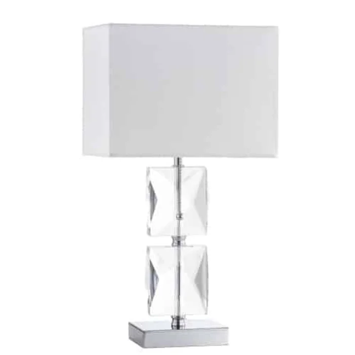Dainolite Crystal 1 Light Table Lamp Square Crystal Polished Chrome White Shade|Lampe de table Crystal de Dainolite en cristal de forme carre, avec abat-jour blanc, fini chrom poli et 1ampoule