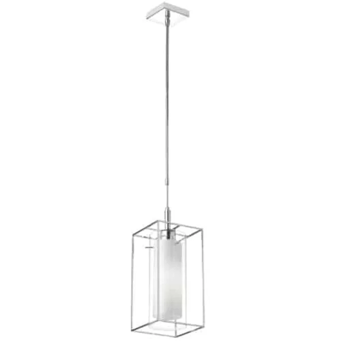 Dainolite Cubo 1 Light Pendant Rectangular Frame Polished Chrome Finish Frosted/Clear Glass Lamp|Luminaire suspendu Cubo de Dainolite en verre givr et transparent, avec cadre rectangulaire, fini chrom poli et 1ampoule