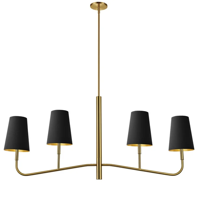 Dainolite Eleanor 4 Light Horizontal Chandelier Aged Brass Black/Gold Shades Lamp|Lustre horizontal Eleanor de Dainolite avec abat-jour noir et dor, fini laiton vieilli et 4ampoules