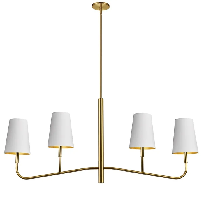 Dainolite Eleanor 4 Light Horizontal Chandelier Aged Brass White/Gold Shades Lamp|Lustre horizontal Eleanor de Dainolite avec abat-jour blanc et dor, fini laiton vieilli et 4ampoules