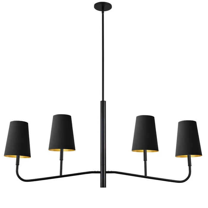 Dainolite Eleanor 4 Light Horizontal Chandelier Matte Black Black/Gold Shades Lamp|Lustre horizontal Eleanor de Dainolite avec abat-jour noir et dor, fini noir mat et 4ampoules