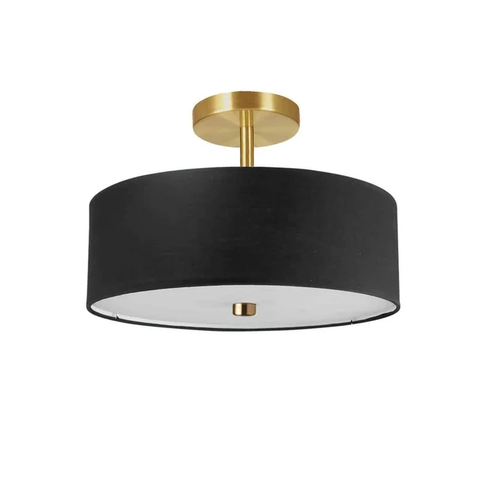 Dainolite Everly 3 Light Semi-flush Mount Aged Brass Black Shade Lamp|Plafonnier semi-affleur Everly de Dainolite avec abat-jour noir, fini laiton vieilli et 3ampoules