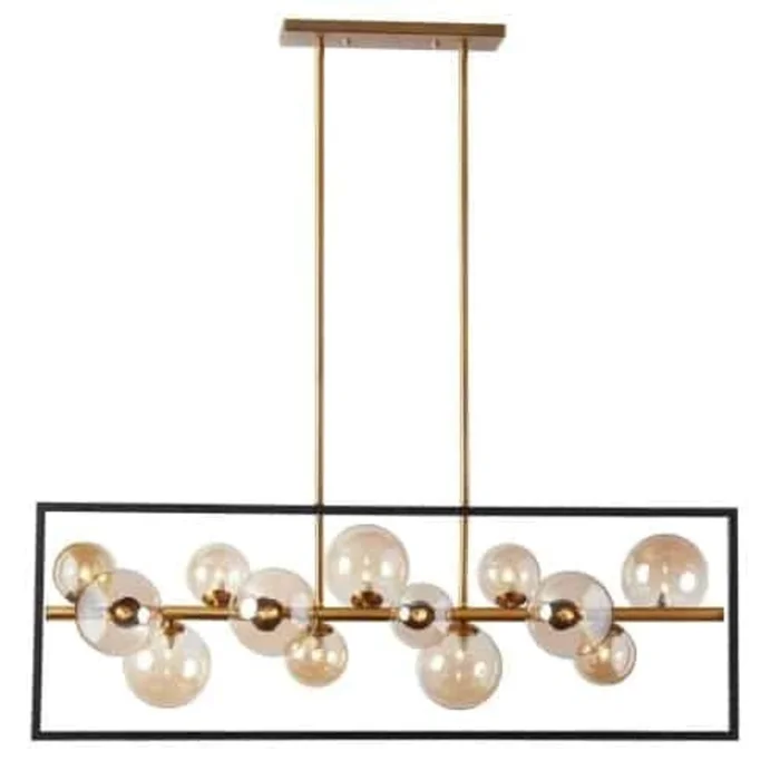 Dainolite Glasgow 13 Light Horizontal Pendant Square Frame Matte Black/Vintage Bronze Finish Champagne Glass Lamp|Luminaire suspendu horizontal Glasgow de Dainolite en verre champagne, avec cadre carr, fini noir mat et bronze rtro, et 13ampoules