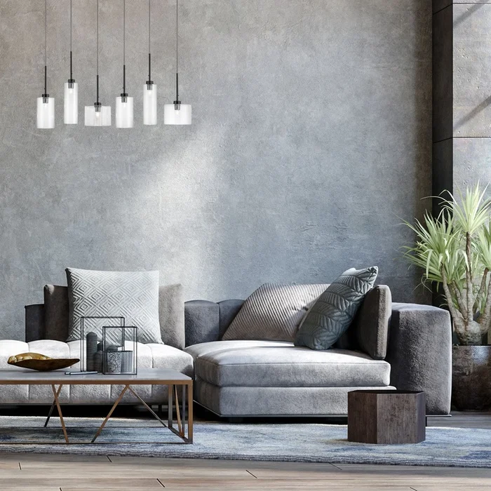 Dainolite Industrial Chic 6 Light Horizontal Pendant Matte Black Finish Clear Glass Lamp|Luminaire suspendu horizontal IndustrialChic de Dainolite en verre transparent, avec fini noir mat et 6ampoules - Image 2