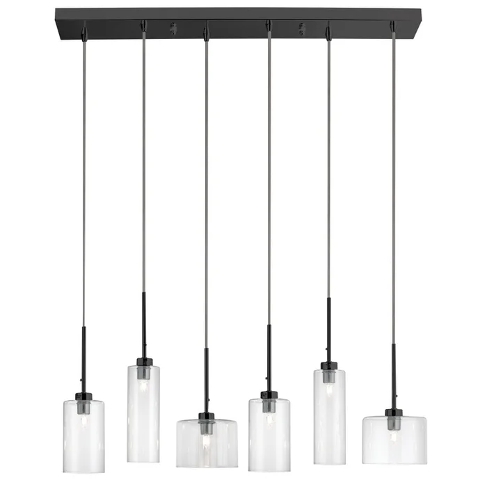 Dainolite Industrial Chic 6 Light Horizontal Pendant Matte Black Finish Clear Glass Lamp|Luminaire suspendu horizontal IndustrialChic de Dainolite en verre transparent, avec fini noir mat et 6ampoules