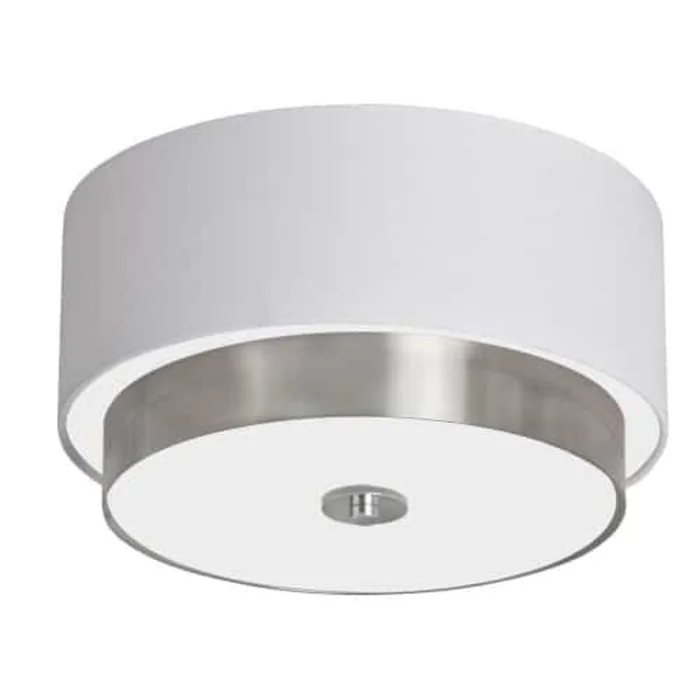 Dainolite Larkin 3 Light Flush Mount Satin Chrome Finish White Fabric Shade Frosted Glass Diffuser Lamp|Plafonnier affleur Larkin de Dainolite en verre givr, avec abat-jour en tissu blanc qui diffuse la lumire, fini chrom satin et 3ampoules