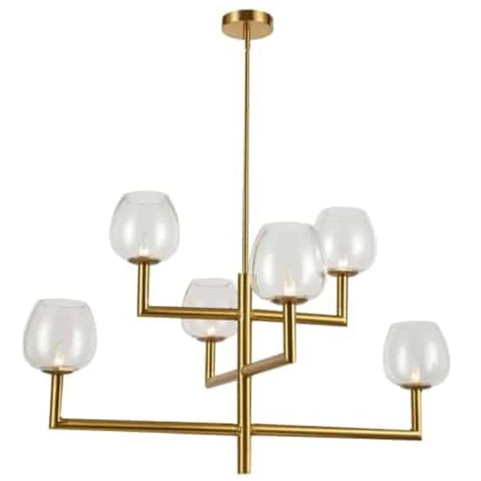 Dainolite Nora 6 Light Chandelier Aged Brass Clear Glass Lamp|Lustre Nora de Dainolite en verre transparent, avec fini laiton vieilli et 6ampoules