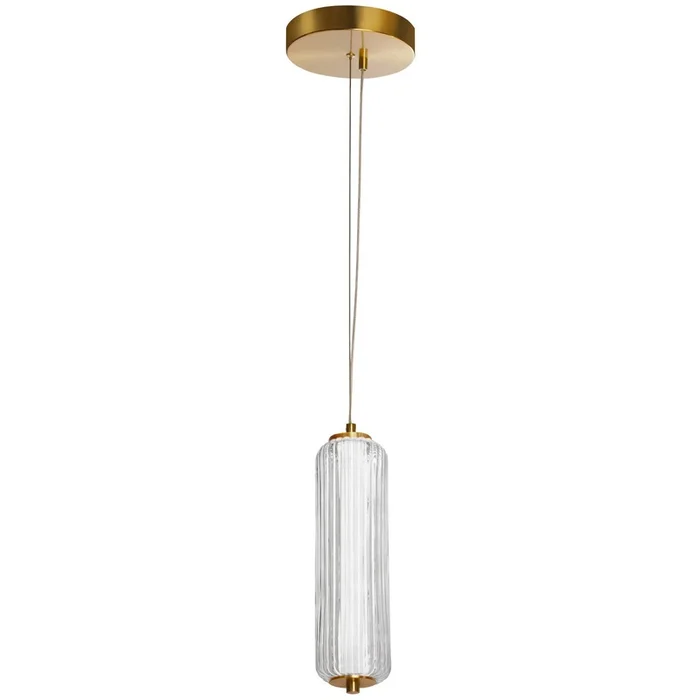Dainolite Ramona LED Pendant 10w Aged Brass Clear Fluted Glass Lamp|Luminaire suspendu Ramona de Dainolite en verre cannel transparent, avec fini laiton vieilli et ampoule DEL de 10W