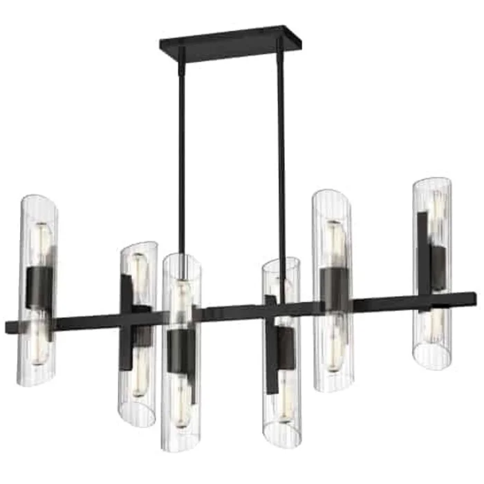 Dainolite Samantha 12 Light Horizontal Chandelier Matte Black Clear Fluted Glass Lamp|Lustre horizontal Samantha de Dainolite en verre cannel transparent, avec fini noir mat et 12ampoules