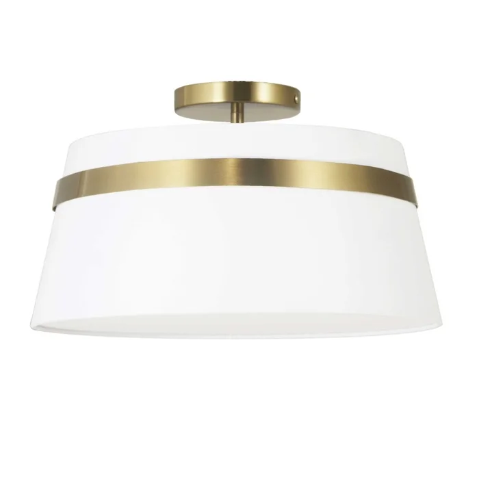 Dainolite Symphony 3 Light Semi-flush Mount Aged Brass White Shade Lamp|Plafonnier semi-affleur Symphony de Dainolite avec abat-jour blanc, fini laiton vieilli et 3ampoules
