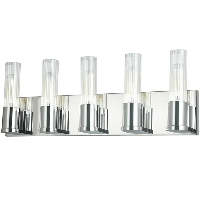 Dainolite Tube 5 Light Vanity Light Polished Chrome Clear Fluted Glass Lamp|Lumire de coiffeuse Tube de Dainolite en verre cannel transparent, avec fini chrom poli et 5ampoules