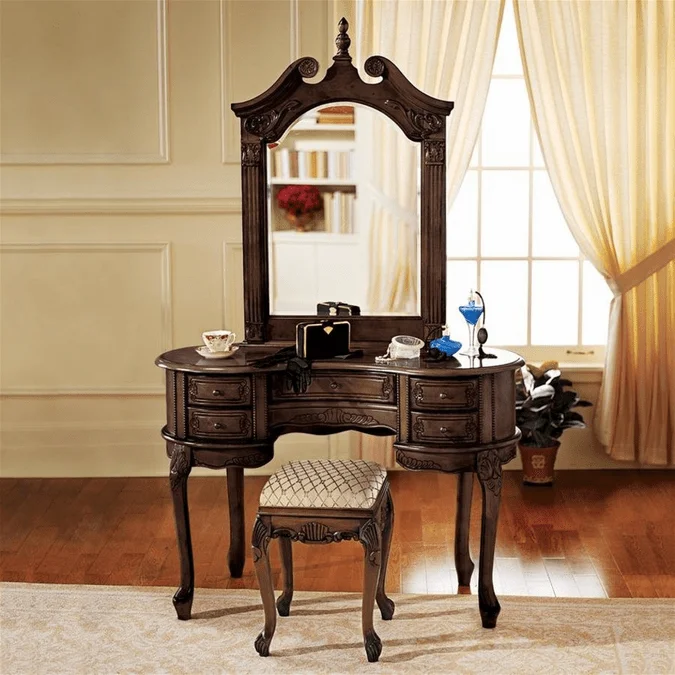 Design Toscano AF96168 Queen Anne Traditional Cherry Dressing Table and Mirror Set