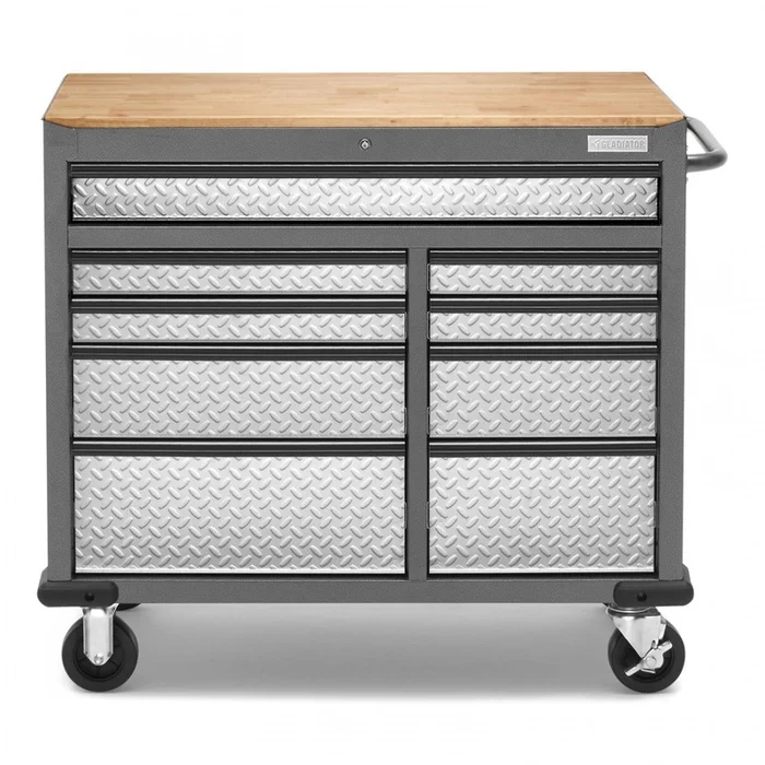 Gladiator Premier 41 9-Drawer Mobile Tool Workbench with Solid Wood Top – Silver Tread|tabli mobile de srie Premier de 41po 9tiroirs avec dessus en bois massif de Gladiator – bande de roulement argente