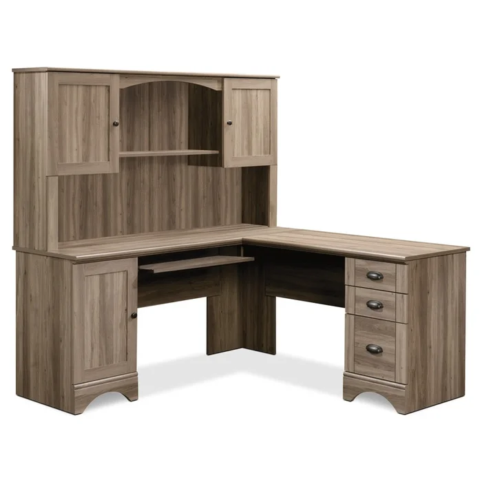 Harbor View Corner Desk with Hutch Salt Oak|Bureau de coin Harbor View avec crdence – chne sal|HARSAPK2