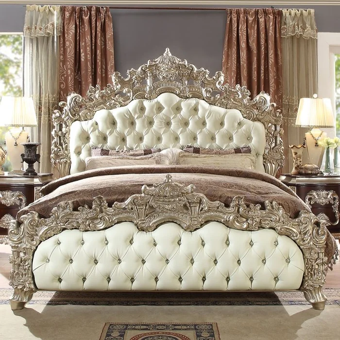 Homey Design HD-8017 King Upholstered Bed in Antique White Silver HD-8017EKBED