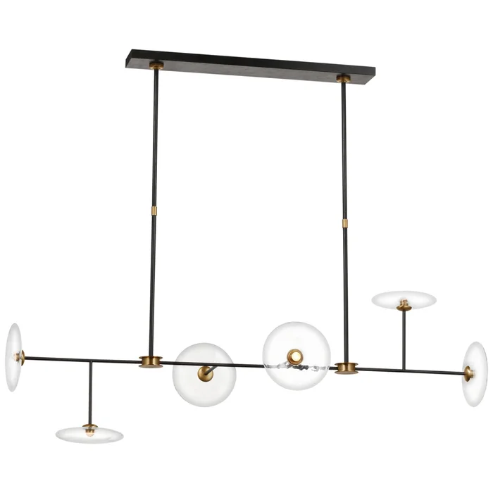 Ian K. Fowler Calvino Large Linear Chandelier in Aged Iron and Hand-Rubbed Antique Brass with Clear Glass Ceiling Light W18″ x 54″