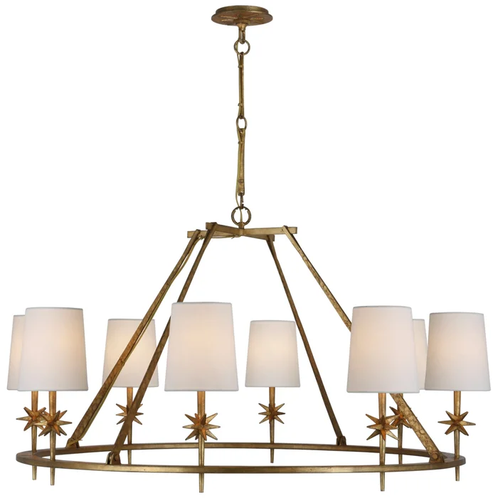 Ian K. Fowler Etoile Large Chandelier in Gilded Iron with Linen Shades Ceiling Light W42″
