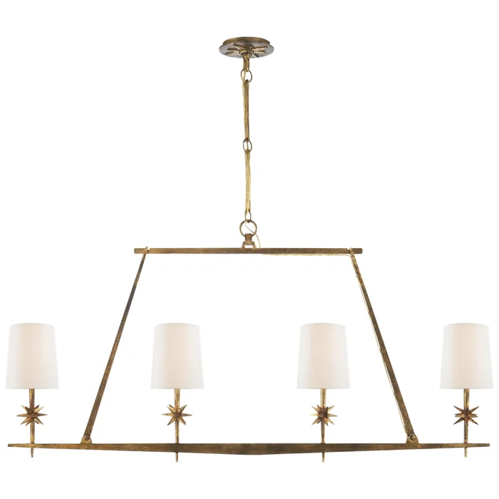 Ian K. Fowler Etoile Linear Chandelier in Gilded Iron with Linen Shades Ceiling Light W48″