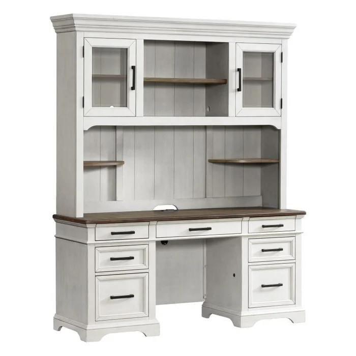 Intercon Furniture Drake Home Office 66″ Credenza with Hutch in Rustic White and French Oak