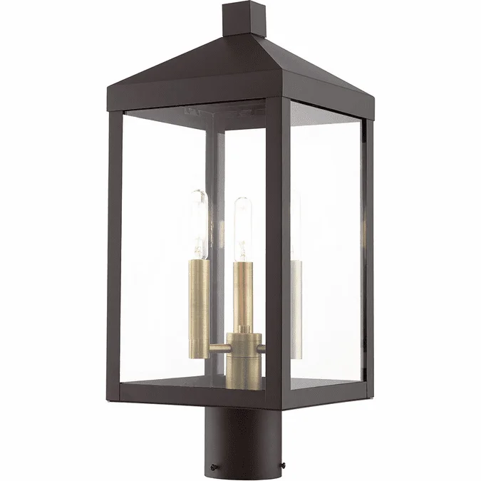 Livex 20592-07 Nyack Bronze with Antique Brass Cluser Exterior Post Lighting Fixture