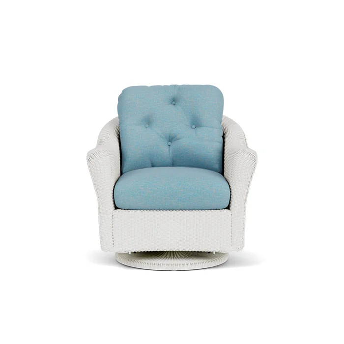 lloyd flanders reflections swivel glider lounge chair in matte white finish with leeds light blue fabric grade a