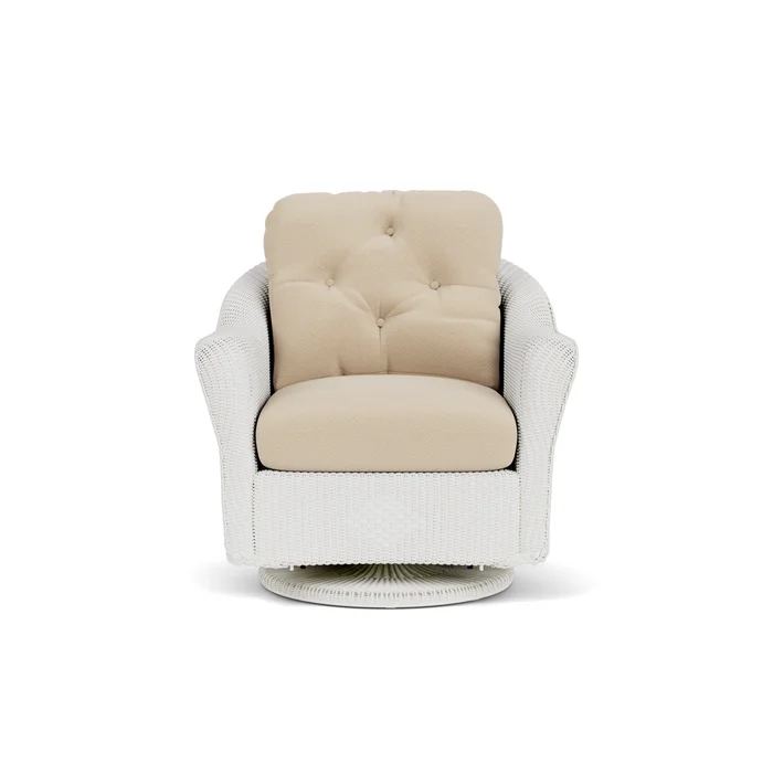 lloyd flanders reflections swivel glider lounge chair in matte white finish with raindrop almond fabric grade b