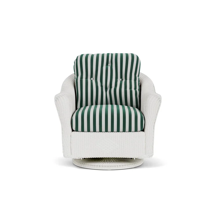 lloyd flanders reflections swivel glider lounge chair in matte white finish with safari/white stripe fabric grade b