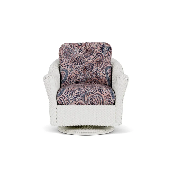 lloyd flanders reflections swivel glider lounge chair in matte white finish with sensiblity splendor fabric grade c