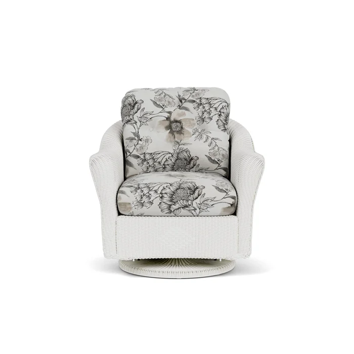 lloyd flanders reflections swivel glider lounge chair in matte white finish with serena floral dove fabric grade d