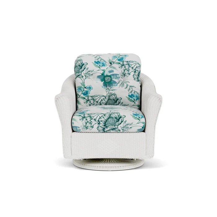 lloyd flanders reflections swivel glider lounge chair in matte white finish with serena floral mist fabric grade d
