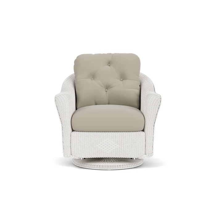 lloyd flanders reflections swivel glider lounge chair in white finish with callen driftwood fabric grade b