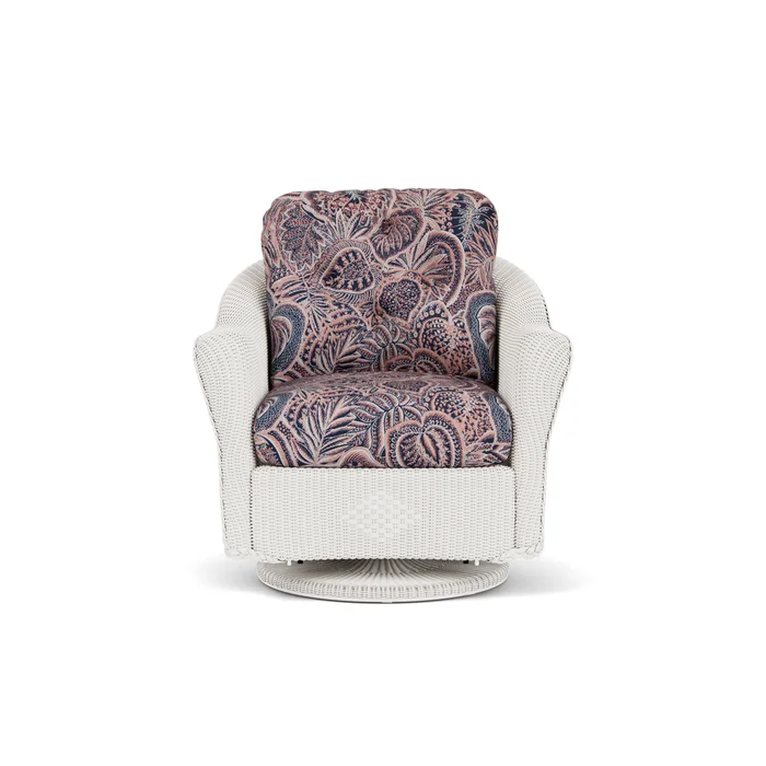 lloyd flanders reflections swivel glider lounge chair in white finish with sensiblity splendor fabric grade c