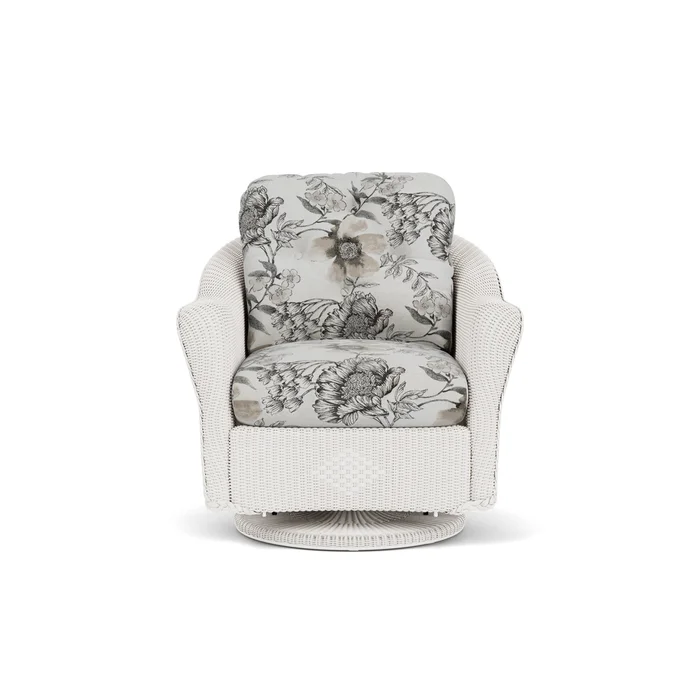 lloyd flanders reflections swivel glider lounge chair in white finish with serena floral dove fabric grade d