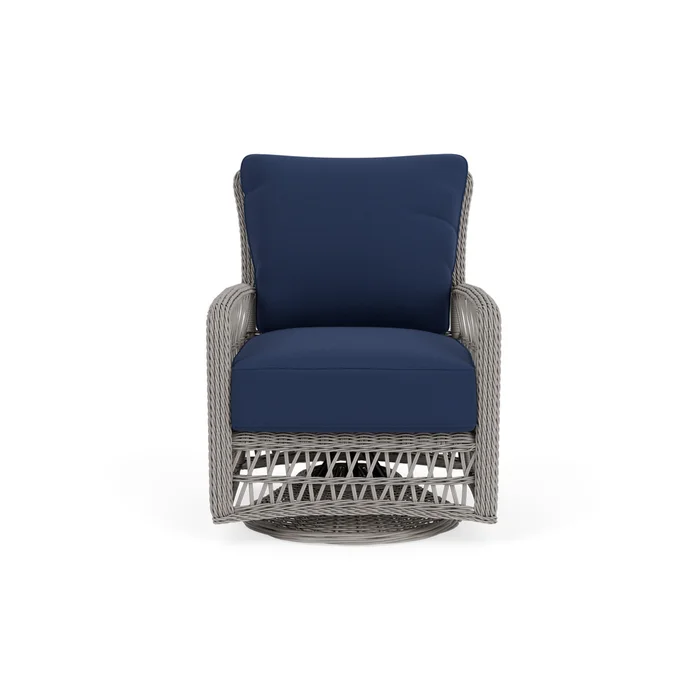 mackinac swivel glider lounge chair in putty finish with beach navy fabric grade a