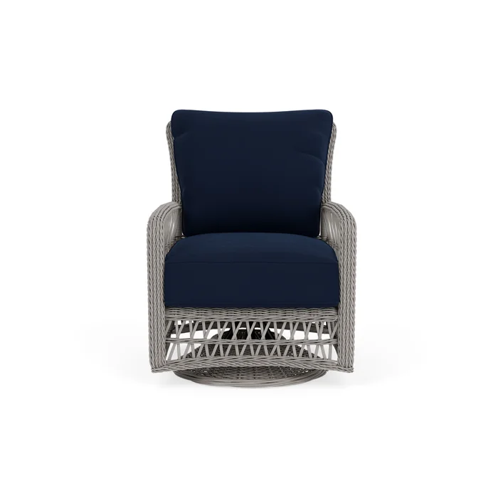 mackinac swivel glider lounge chair in putty finish with decorline navy fabric grade a