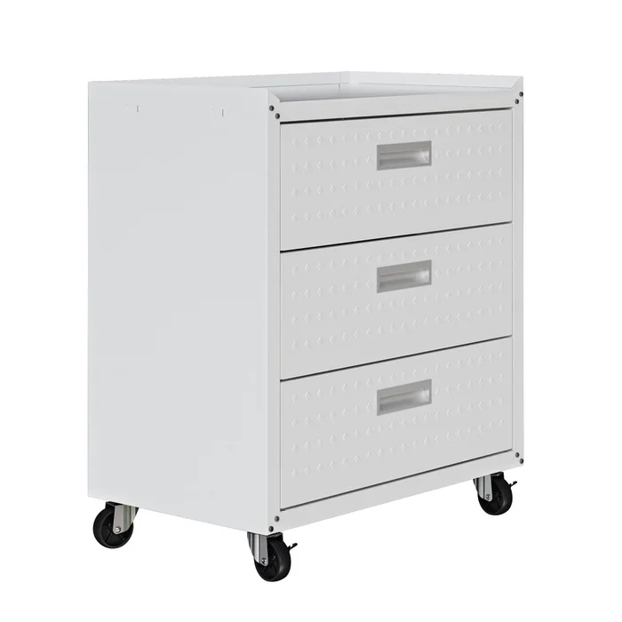Manhattan Comfort Fortress Textured Metal 31.5 Garage Mobile Chest with 3 Drawers – White|Commode verticale mobile Fortress de ManhattanComfort de 31,5po en mtal textur avec 3tiroirs pour le garage – blanche